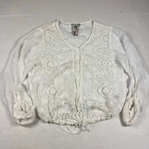 Johnny Was Eyelet Button Down Shirt White Casual Boho Long Sleeve Top S FLAW